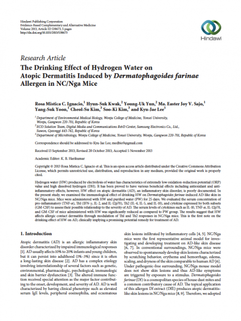 「The Drinking Effect of Hydrogen  Water on Atopic Dermatitis  Induced by Dermatophagoides  farinae Allergen in NC/Nga Mice」 「수소수의 음용은 알레르기에 의해  유발되는 아토피성 피부염에 효과가  있다.」